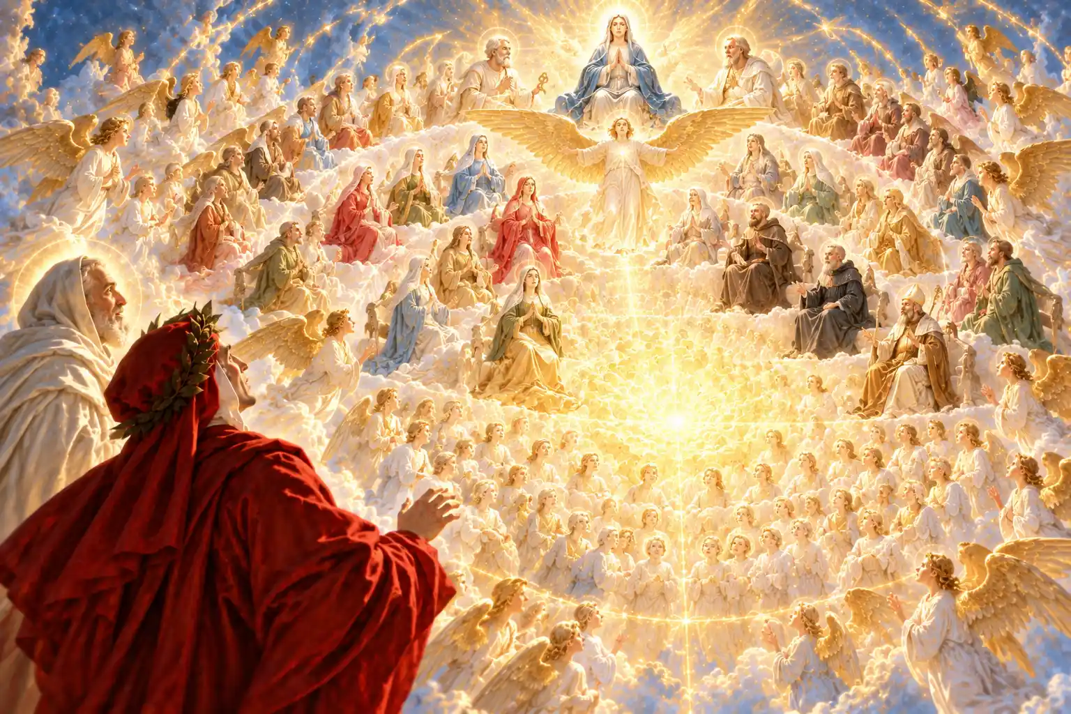 Dante e un vecchio in bianco guardano le gradinate dei beati: in cima una donna in manto azzurro, davanti a lei un angelo ad ali aperte, sotto file di donne, frati, un vescovo e bambini.