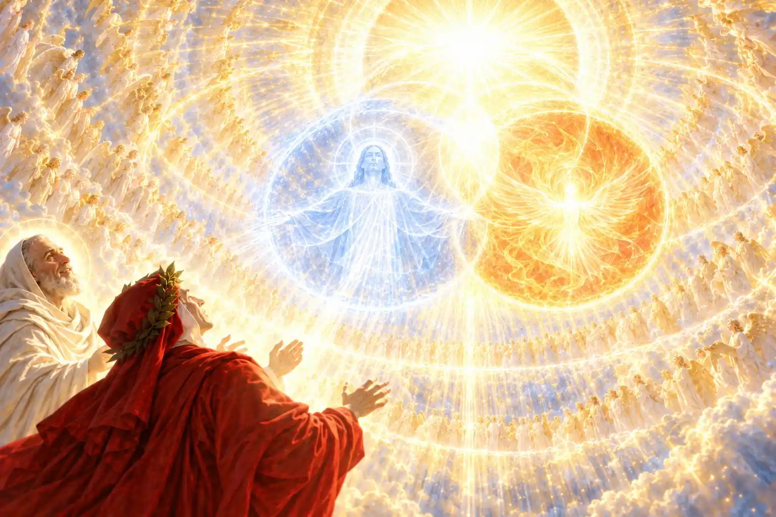 Dante tende le mani verso tre cerchi di luce intrecciati: uno dorato, uno azzurro con una figura umana a braccia aperte, uno di fuoco con una colomba. Accanto, un vecchio in bianco sorride.