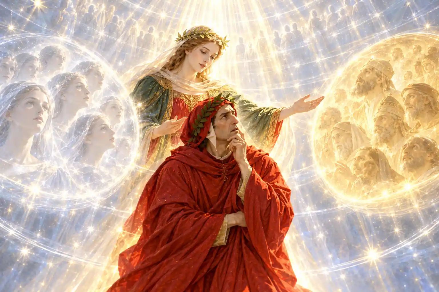Dante, pensoso con la mano al mento, è seduto davanti a Beatrice che apre le braccia verso due sfere di luce: una con volti di donne velate, l'altra con uomini barbuti e coronati.