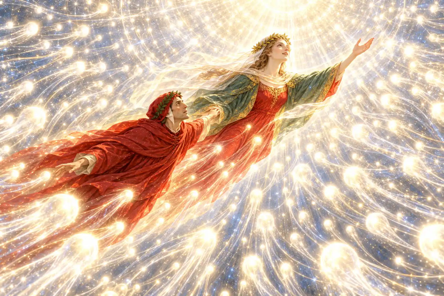 Beatrice, il braccio teso verso l'alto, tiene per mano Dante e lo guida in volo; intorno a loro accorrono innumerevoli globi di luce dorata con lunghe scie.