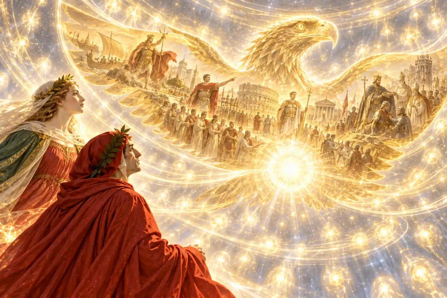 Dante e Beatrice, di spalle, osservano una grande aquila dorata fatta di luce: tra le sue ali si vedono navi, condottieri romani, legioni, il Colosseo e un sovrano incoronato tra vescovi.