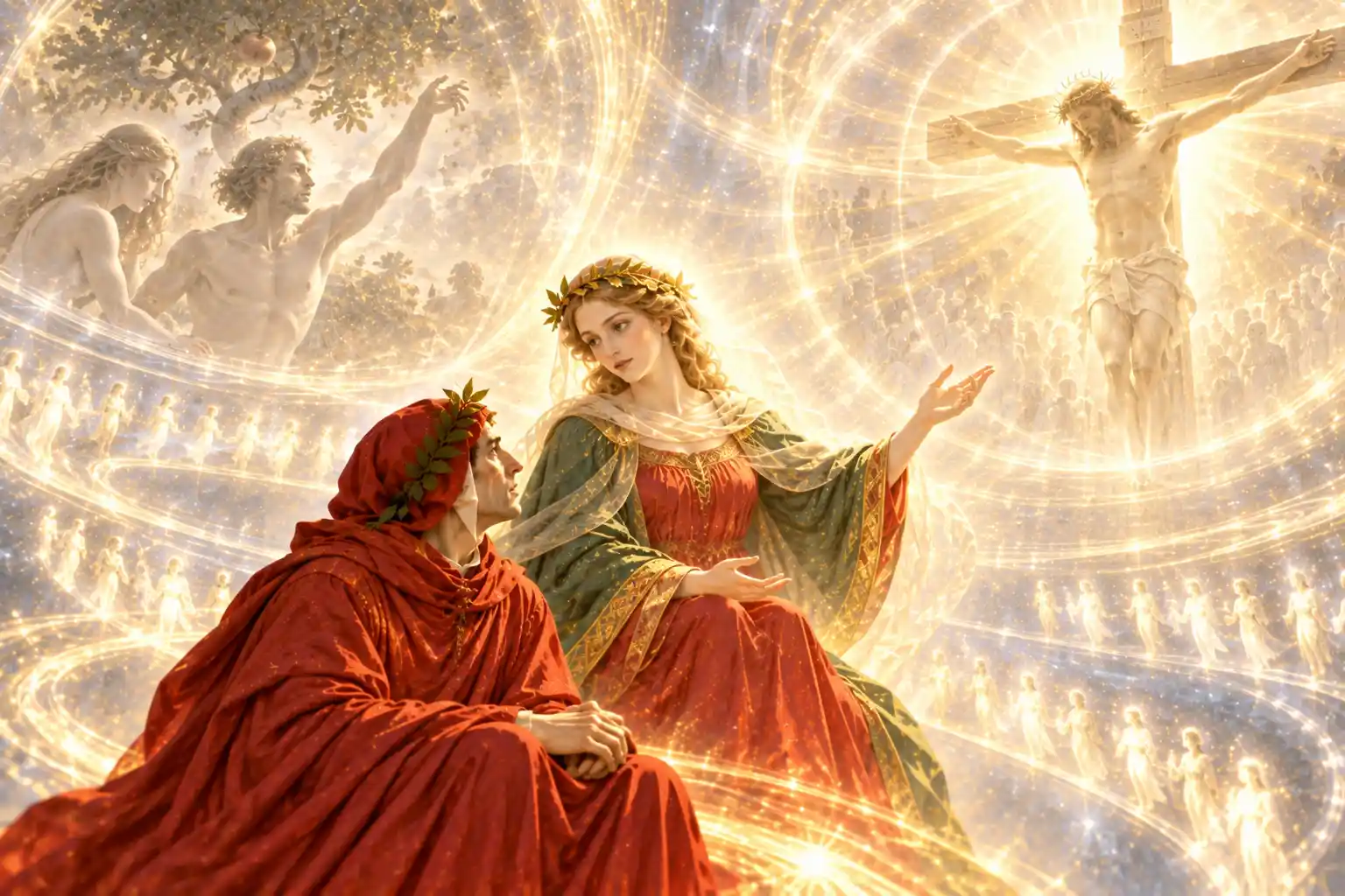 Beatrice, seduta accanto a Dante, gli parla indicando con la mano Cristo crocifisso in un alone di luce; sul lato opposto Adamo ed Eva sotto l'albero, intorno file di piccole anime luminose.