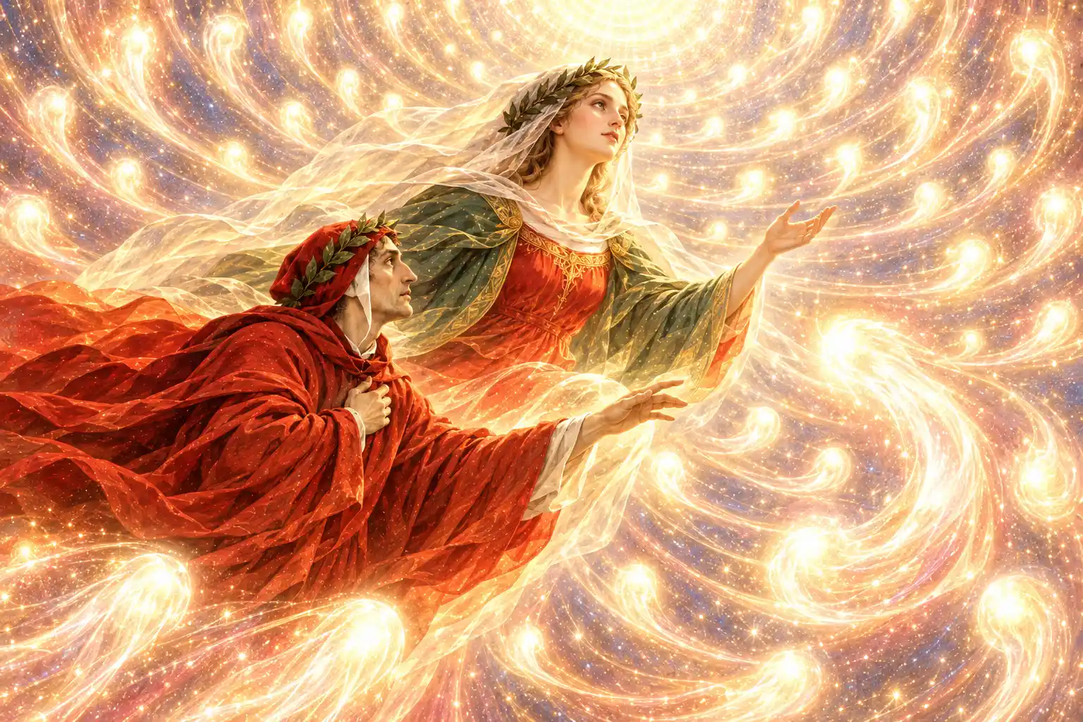 Dante, una mano sul petto e l'altra tesa, e Beatrice velata avanzano in volo dentro un vortice di luci dorate che ruotano come piccole comete su uno sfondo rosato.