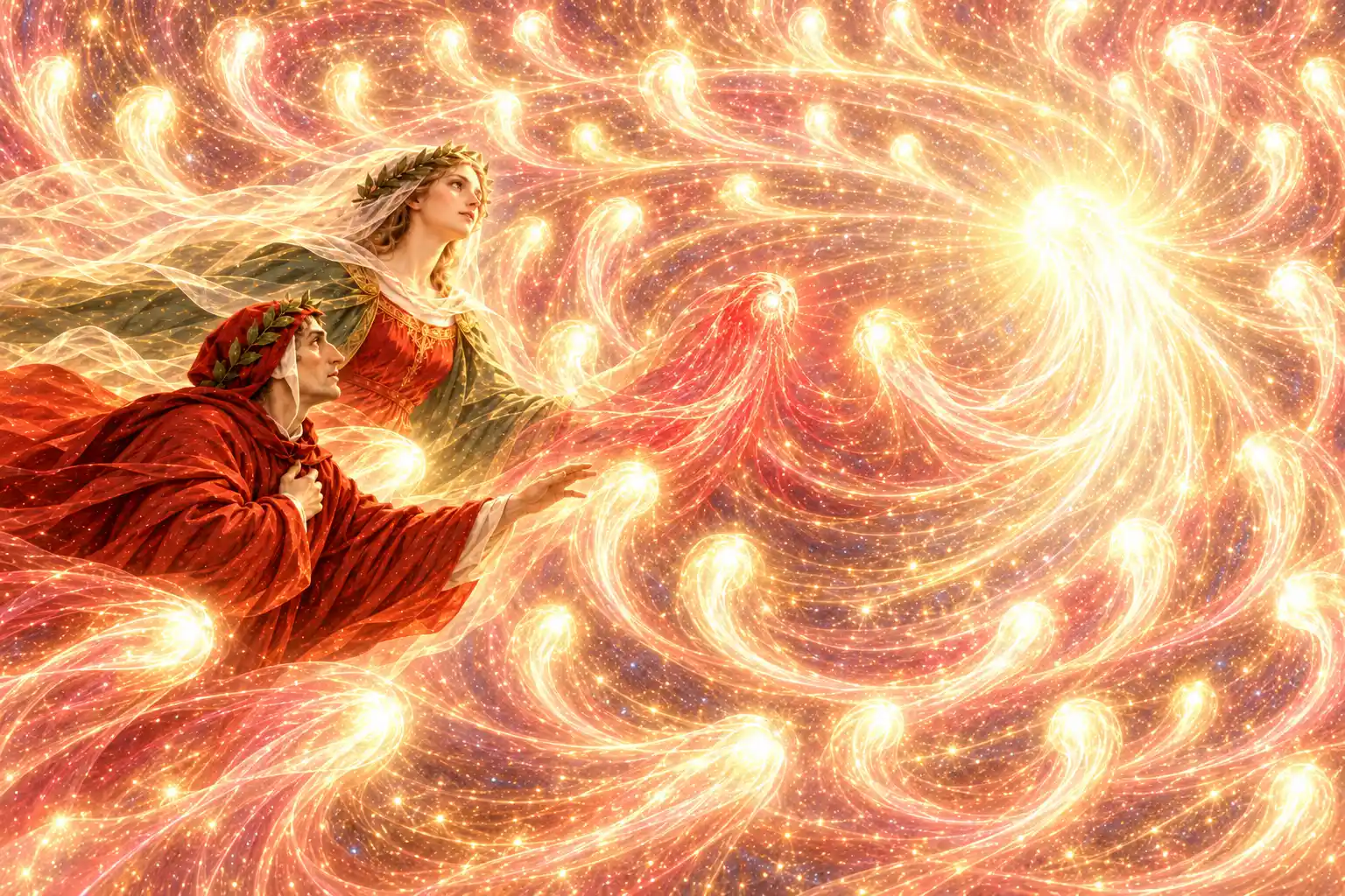Dante e Beatrice, a sinistra, tendono lo sguardo verso un turbine di luci rosate e dorate; una fiamma rossa si stacca dal vortice e, più in là, brilla un astro più intenso.