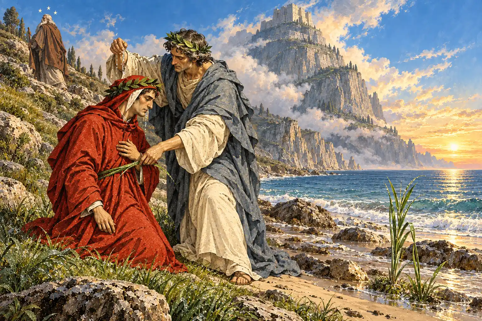 Sulla spiaggia all'alba Virgilio, chino su Dante inginocchiato, gli bagna il viso di rugiada e lo cinge con un giunco; in alto a sinistra un vecchio barbuto, sullo sfondo il monte sul mare.