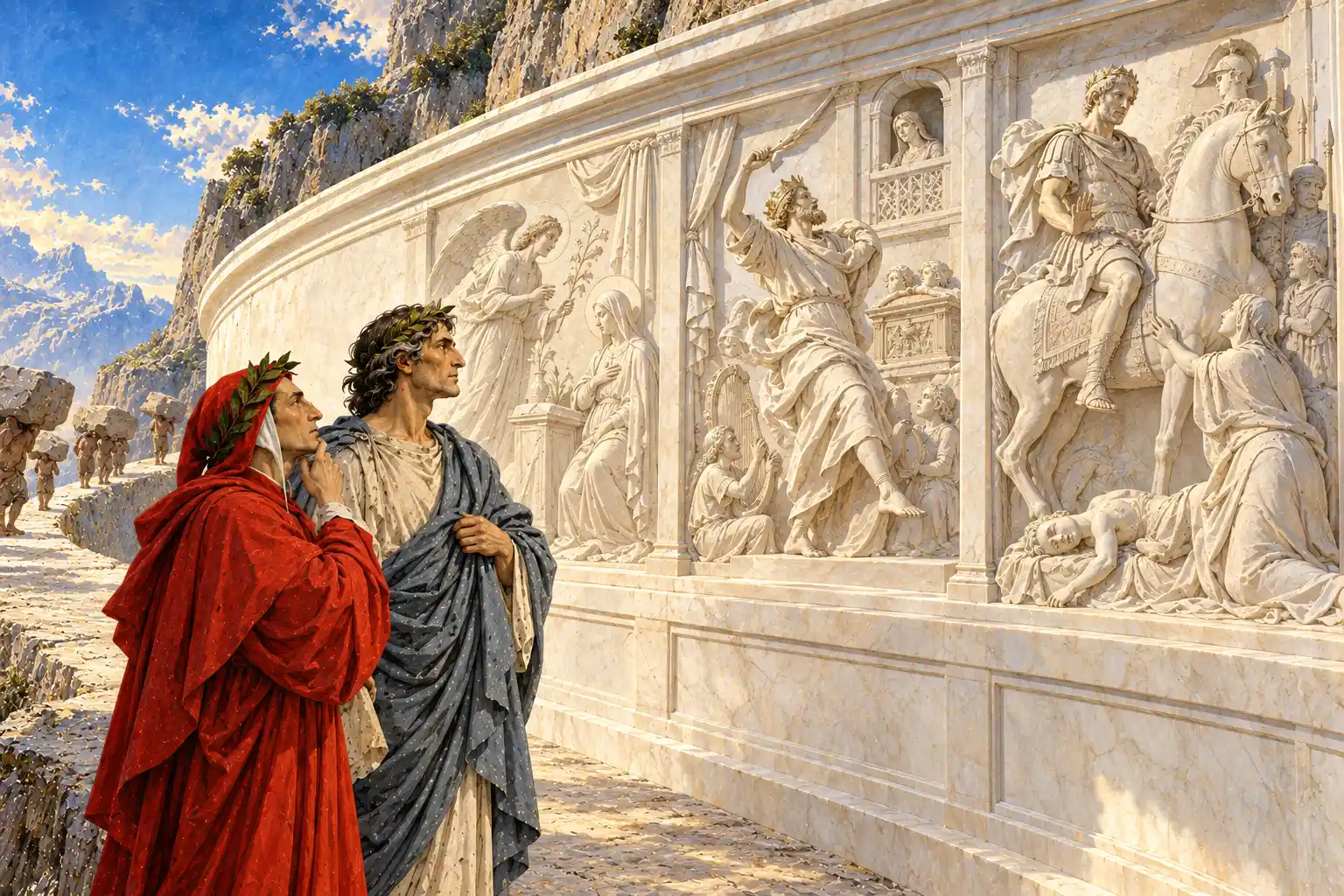 Dante e Virgilio osservano una parete di marmo bianco scolpita: un angelo davanti a una donna, un re che danza presso un'arca, un imperatore a cavallo e una donna supplice. In fondo uomini sotto massi.