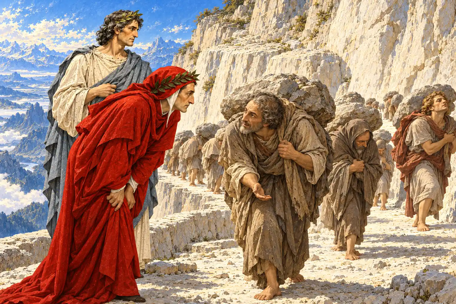 Sulla cornice assolata Dante si piega per parlare con un uomo dalla barba grigia curvo sotto un masso, che gli tende la mano; dietro, una fila di anime avanza schiacciata dai macigni. Virgilio attende.