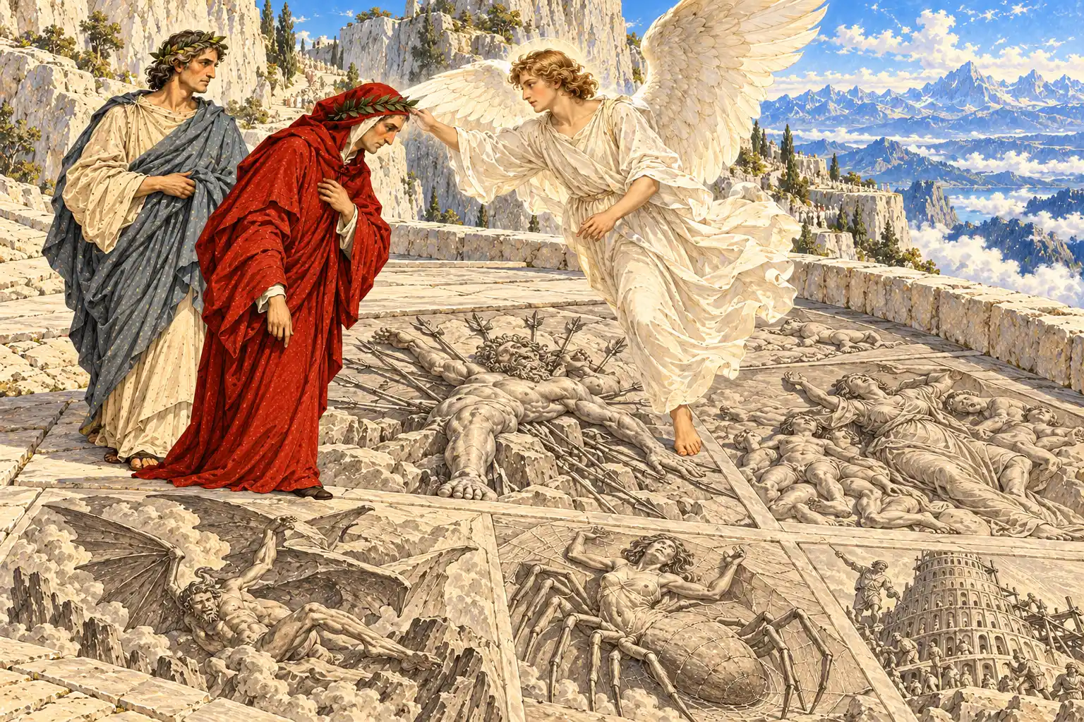 Un angelo in veste bianca sfiora la fronte di Dante, a capo chino; Virgilio è accanto. Sul pavimento figure scolpite: un angelo ribelle che cade, un gigante trafitto, una donna-ragno, una torre.