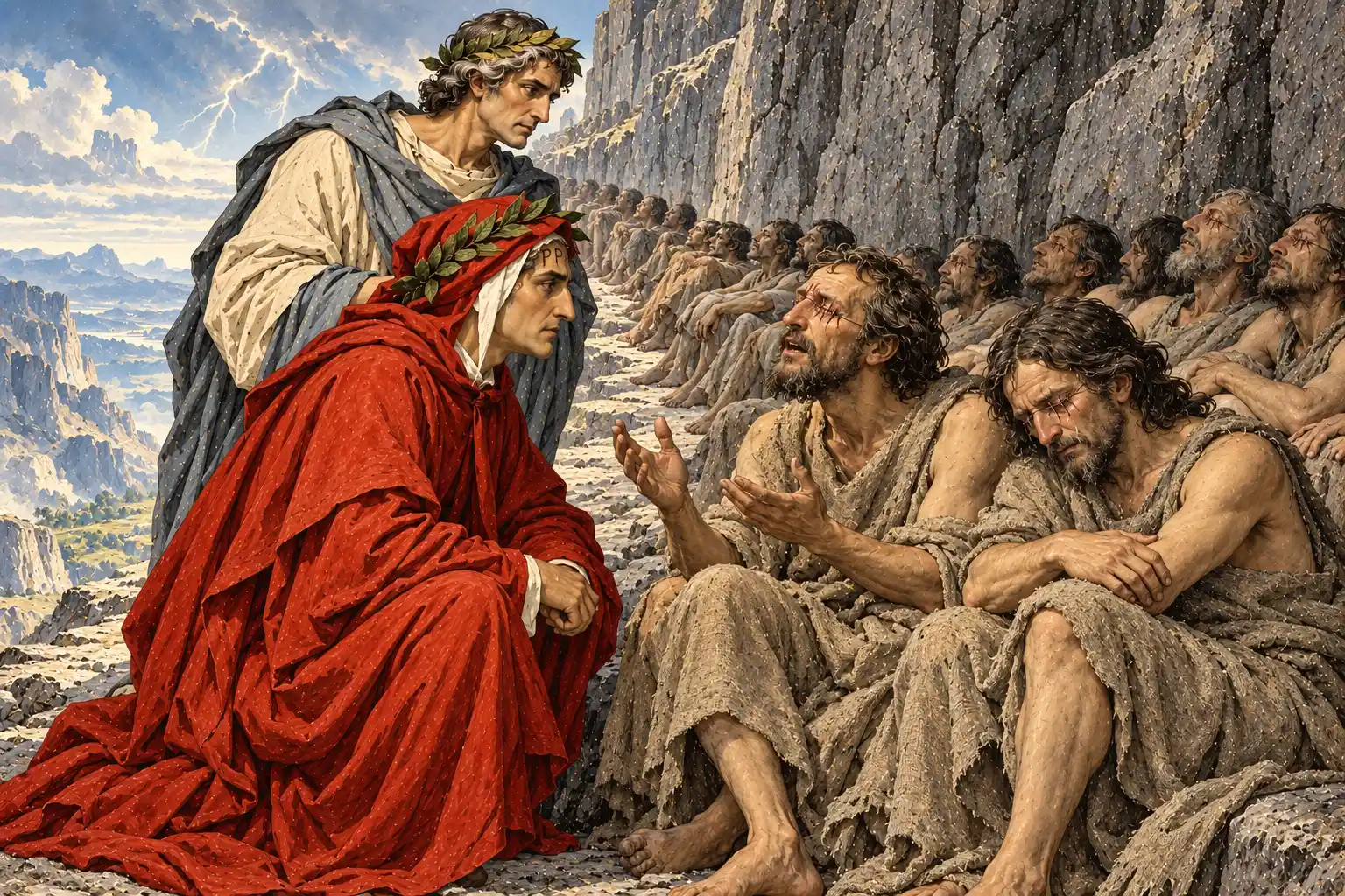Dante, seduto a terra con Virgilio alle spalle, ascolta un uomo dagli occhi cuciti che gesticola; un secondo, accanto, piange a capo chino. Altre anime siedono lungo la roccia; in cielo un fulmine.