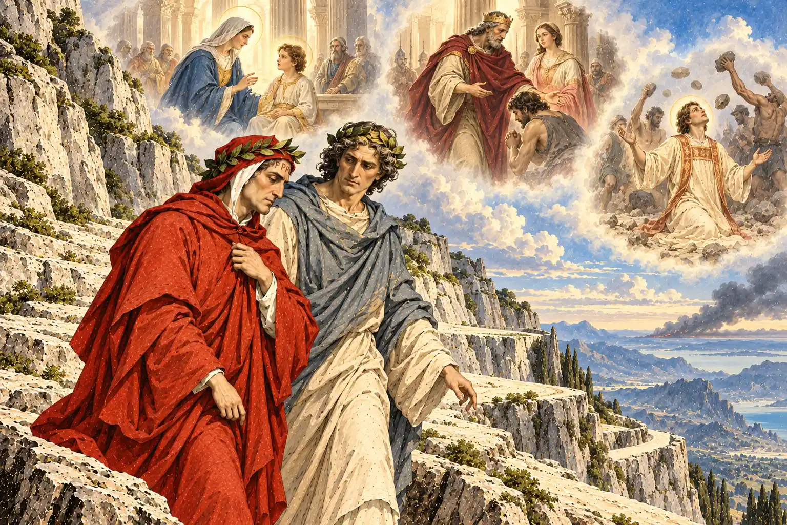 Dante cammina a occhi bassi, sorretto da Virgilio, su una scala di roccia; nelle nubi tre scene: una donna con un fanciullo fra i dottori, un re che perdona un giovane, un diacono lapidato.
