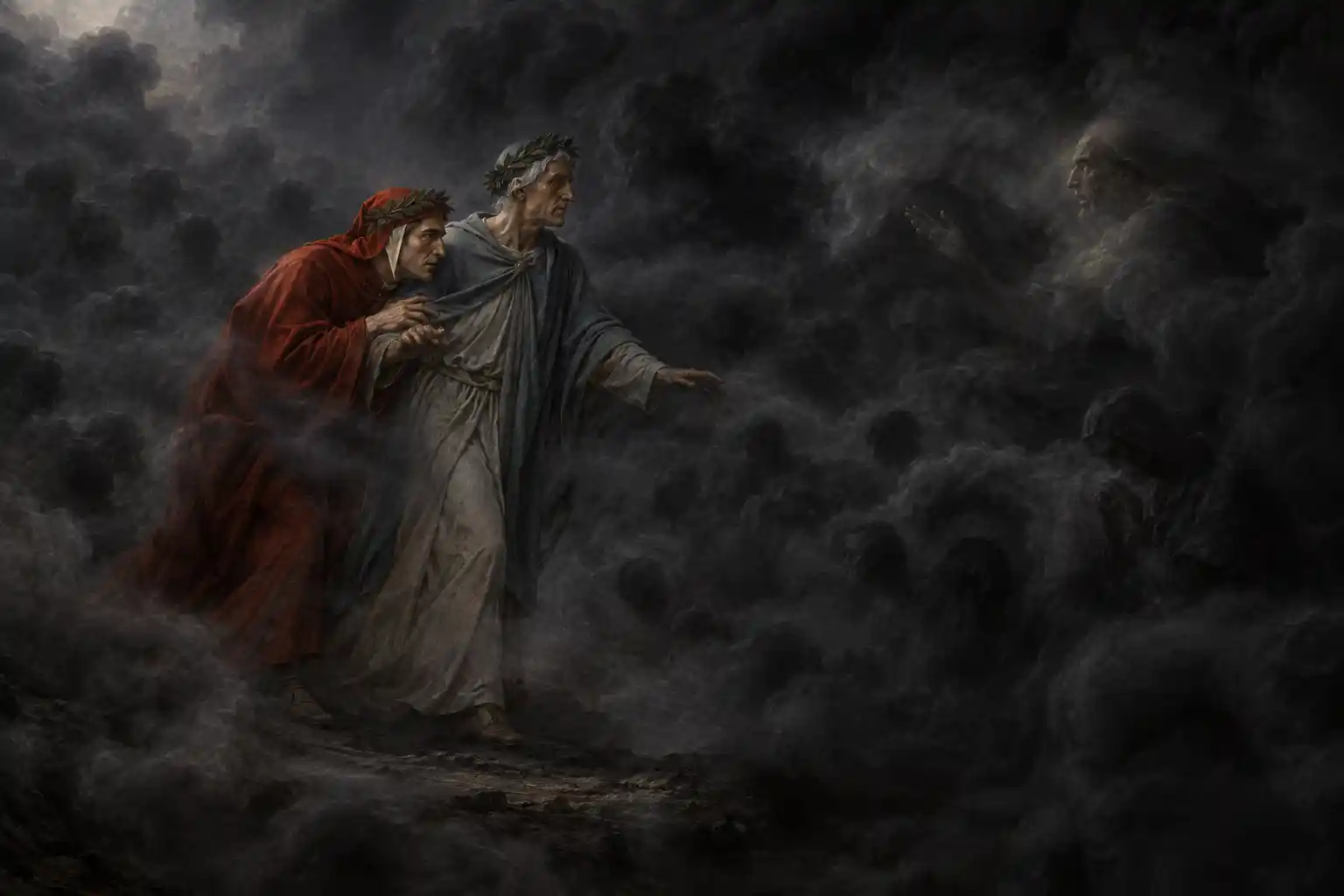 In un fumo nero e fittissimo Dante avanza tenendosi alla spalla e alla veste di Virgilio, che tende la mano in avanti; a destra, tra le volute scure, affiorano il volto e la mano di un'anima.