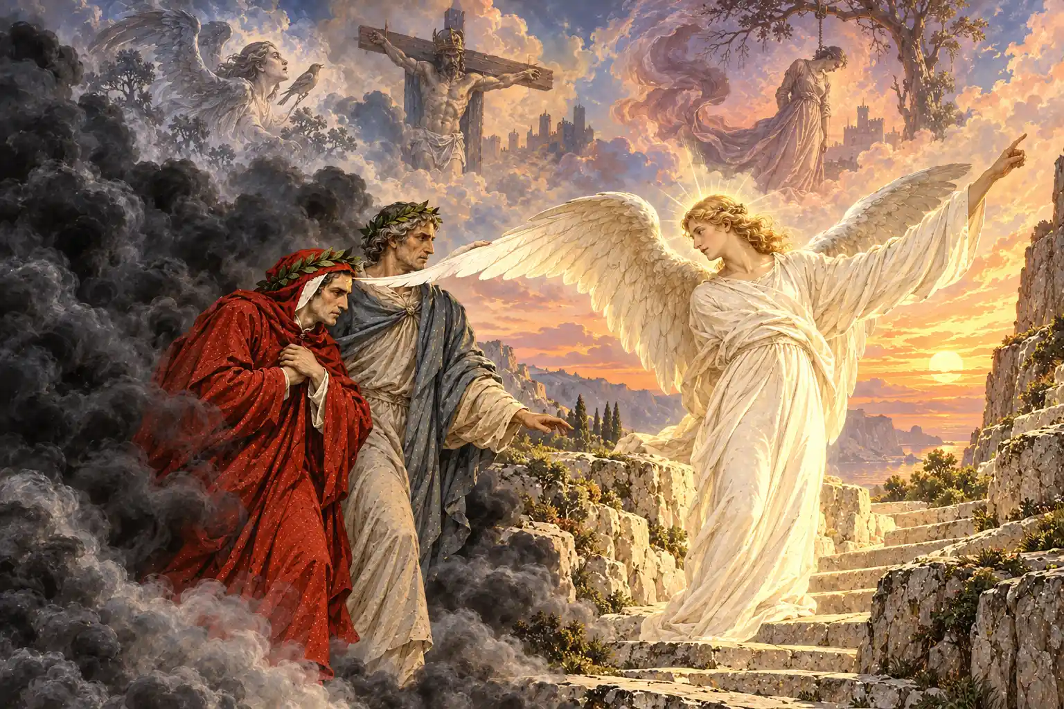 Dante e Virgilio escono da una nube di fumo nero; un angelo luminoso sfiora con l'ala la fronte di Dante e indica una scala. Nel cielo del tramonto: una donna alata, un crocifisso, un'impiccata.