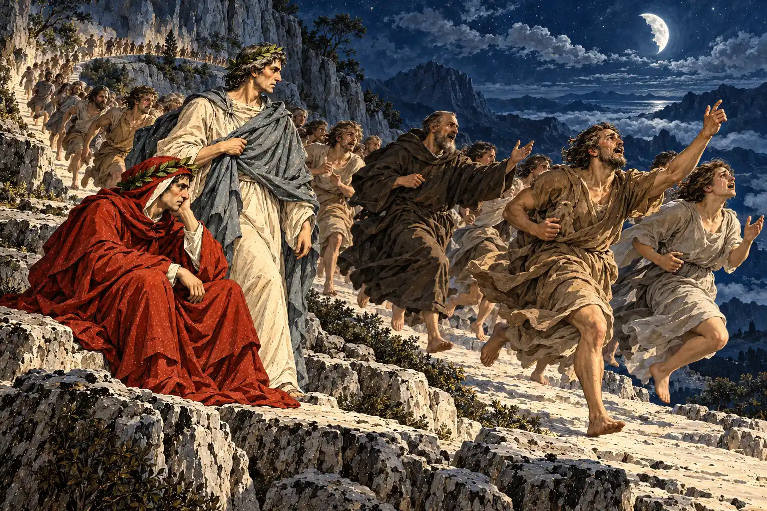 Di notte, sotto la luna, una folla di anime corre a perdifiato lungo la cornice, tra grida e braccia tese; fra loro un monaco in saio scuro. Dante siede assonnato su una roccia, Virgilio in piedi.