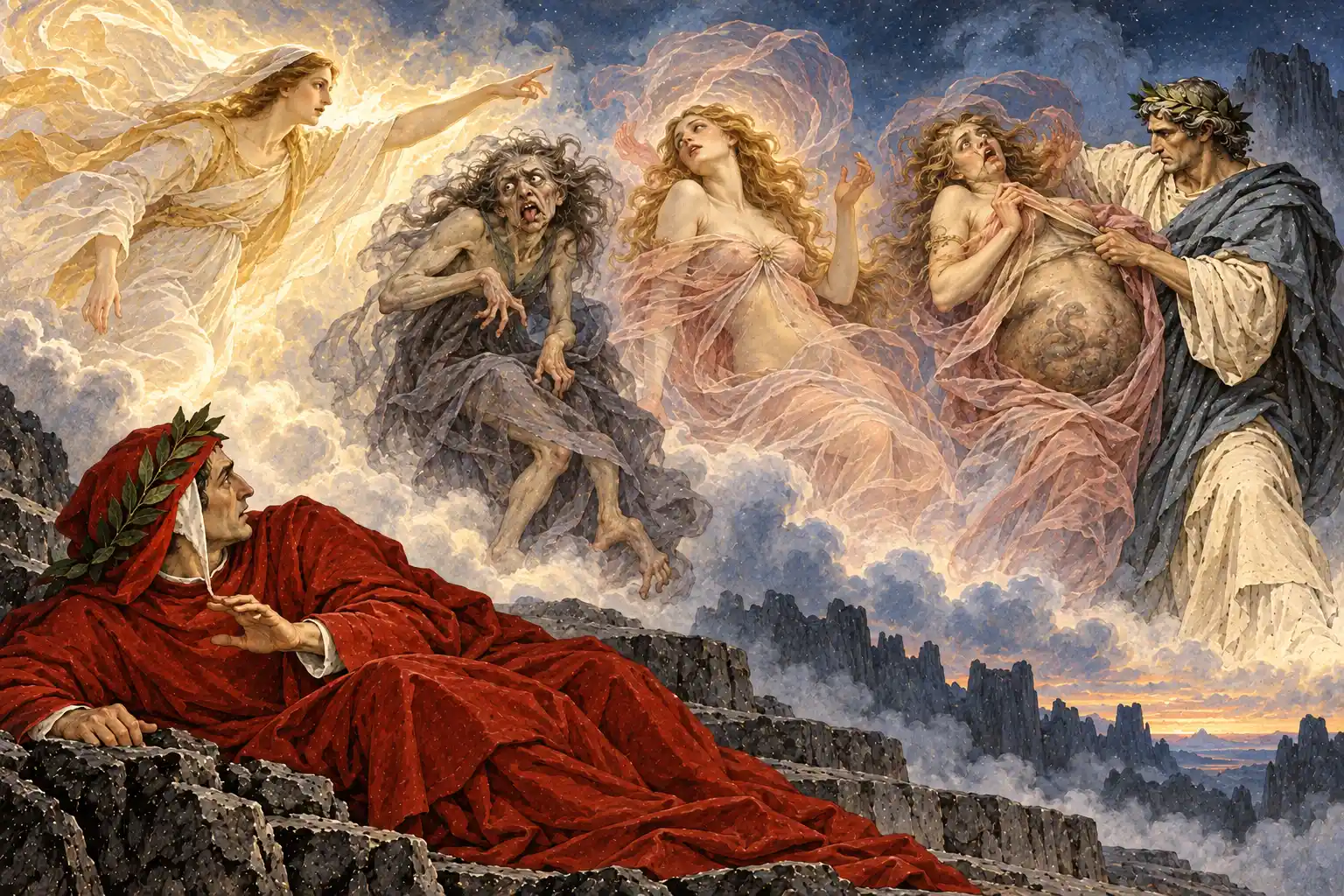 Dante, sdraiato sui gradini, guarda un sogno: una vecchia deforme, la stessa mutata in bella donna dai capelli biondi, una donna luminosa che la addita e Virgilio che le strappa la veste sul ventre.