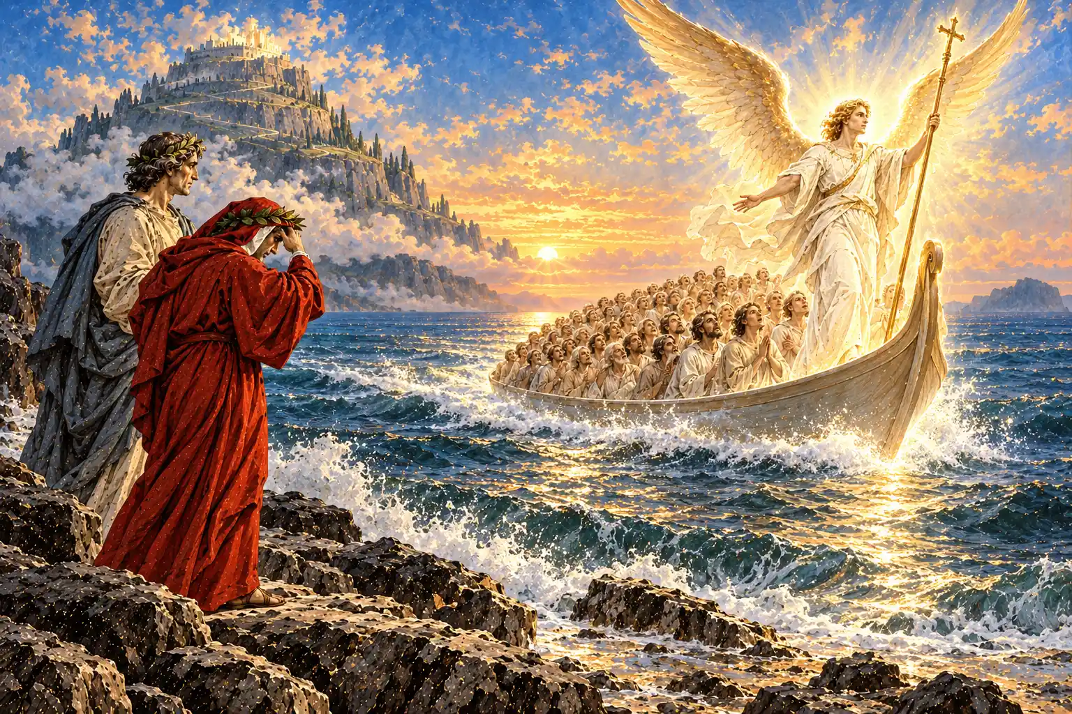 Dagli scogli Dante, a capo chino con la mano sulla fronte, e Virgilio guardano una barca colma di anime oranti che solca le onde, guidata da un angelo luminoso ad ali spiegate, in piedi a poppa.