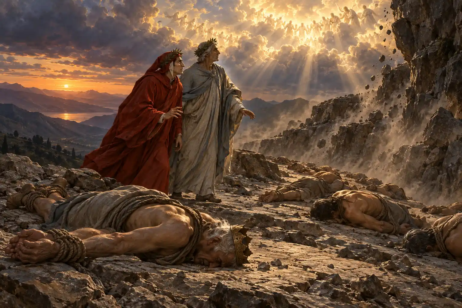 Anime legate mani e piedi giacciono bocconi sulla roccia, una con la corona in capo; Dante e Virgilio si fermano mentre massi franano dalla parete e nel cielo un cerchio di figure luminose.