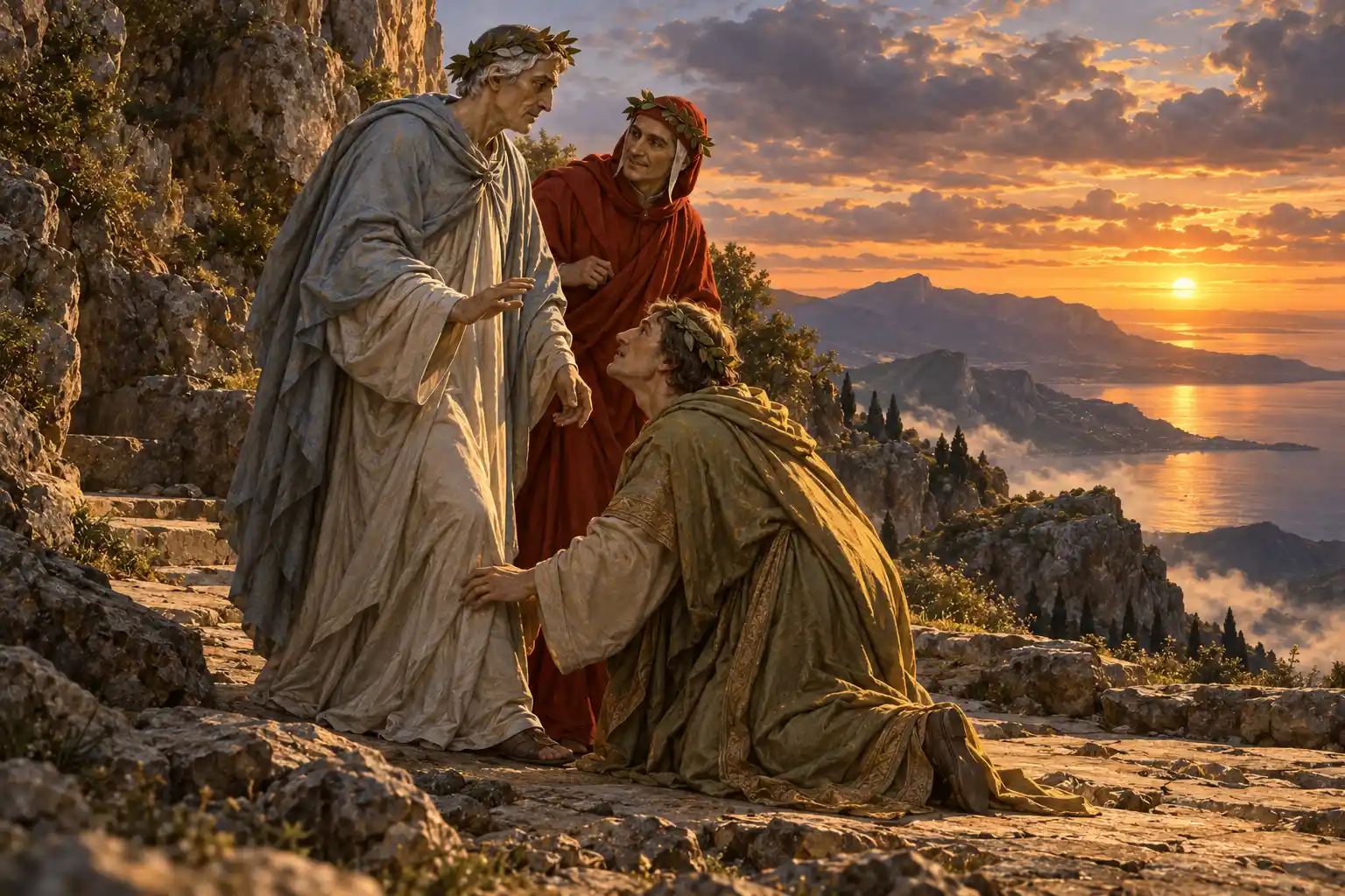 Al sole basso sul mare un uomo in veste dorata e corona d'alloro si inginocchia per abbracciare le ginocchia di Virgilio, che lo ferma con la mano; dietro, Dante sorride.
