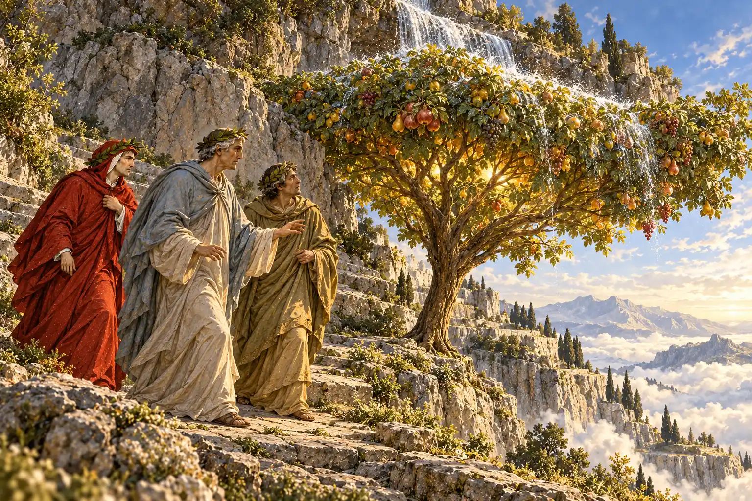 Dante, Virgilio e un terzo poeta in veste ocra salgono lungo la cornice verso un albero carico di frutti, sulle cui foglie cade l'acqua di una cascata che scende dalla parete di roccia.