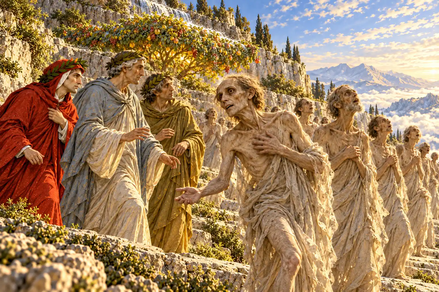 Un'anima scheletrica, con gli occhi incavati e la pelle tesa sulle ossa, tende la mano verso Dante, Virgilio e Stazio; dietro di lei una fila di figure emaciate guarda in alto. In fondo l'albero.