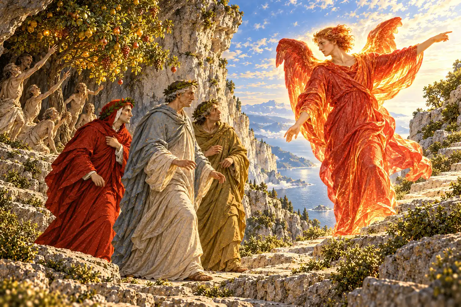 Un angelo dalle vesti e ali rosse e ardenti indica la salita ai tre poeti; alle loro spalle, sotto un albero carico di frutti, anime magrissime tendono le braccia verso i rami.
