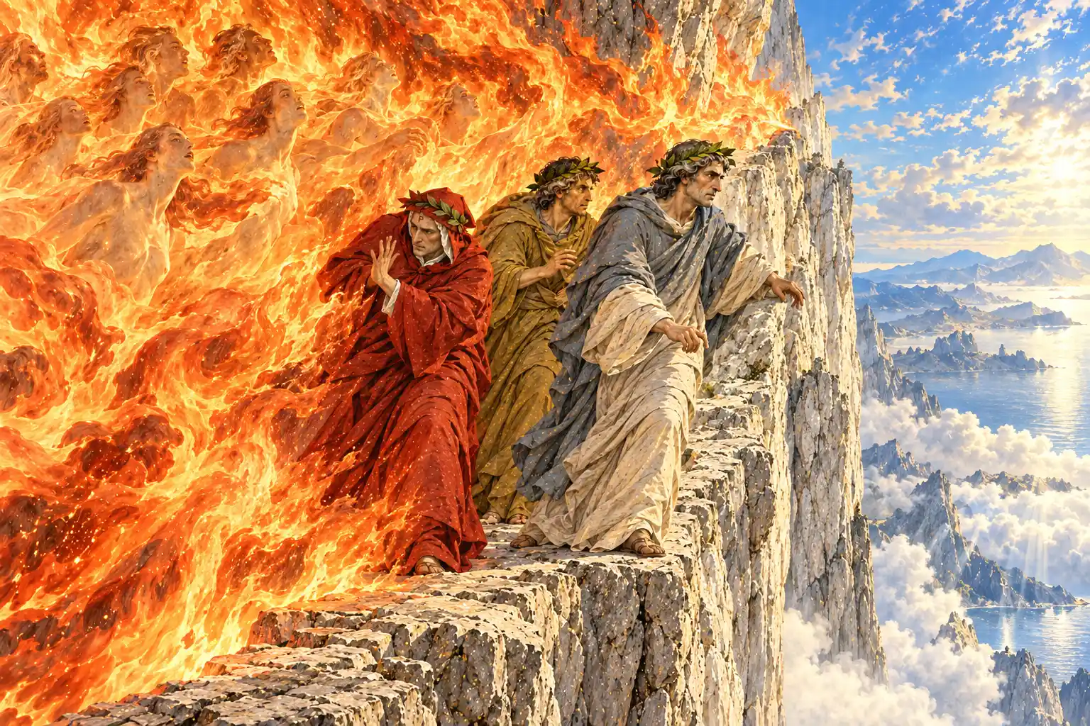 Su una stretta cengia a picco sulle nubi Virgilio, Stazio e Dante avanzano in fila, addossati a un muro di fiamme che esce dalla parete; Dante si ripara con le mani. Nel fuoco, volti di anime.