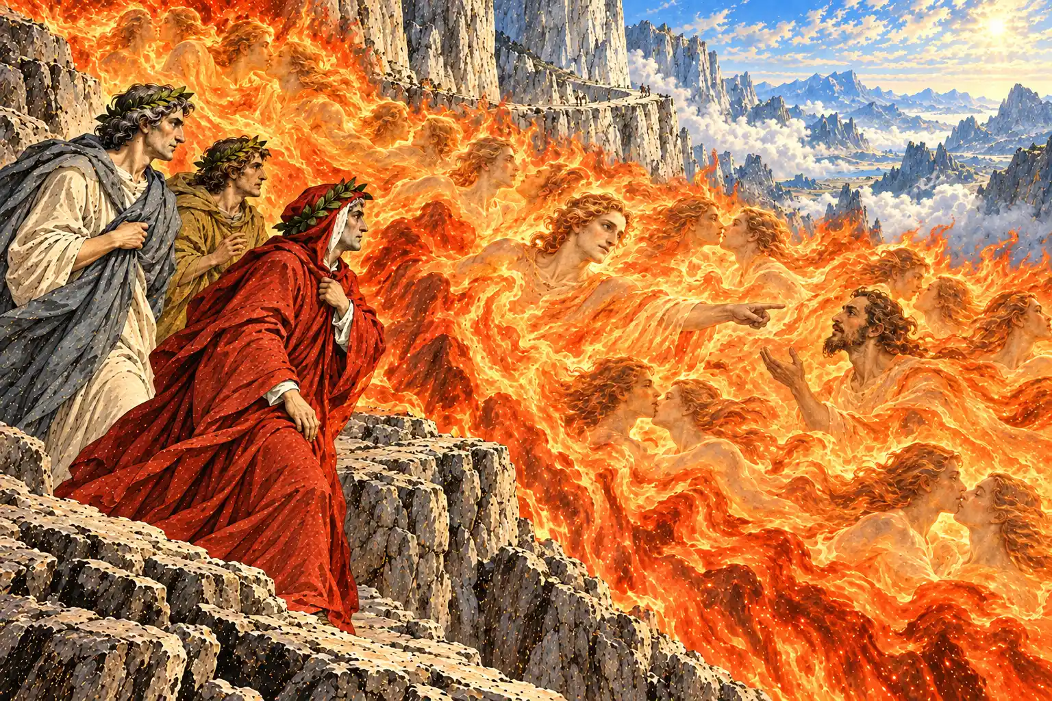 Dal bordo roccioso Dante, Virgilio e Stazio guardano una distesa di fiamme in cui le anime si scambiano rapidi baci; un giovane biondo, tra il fuoco, indica col dito un uomo barbuto.