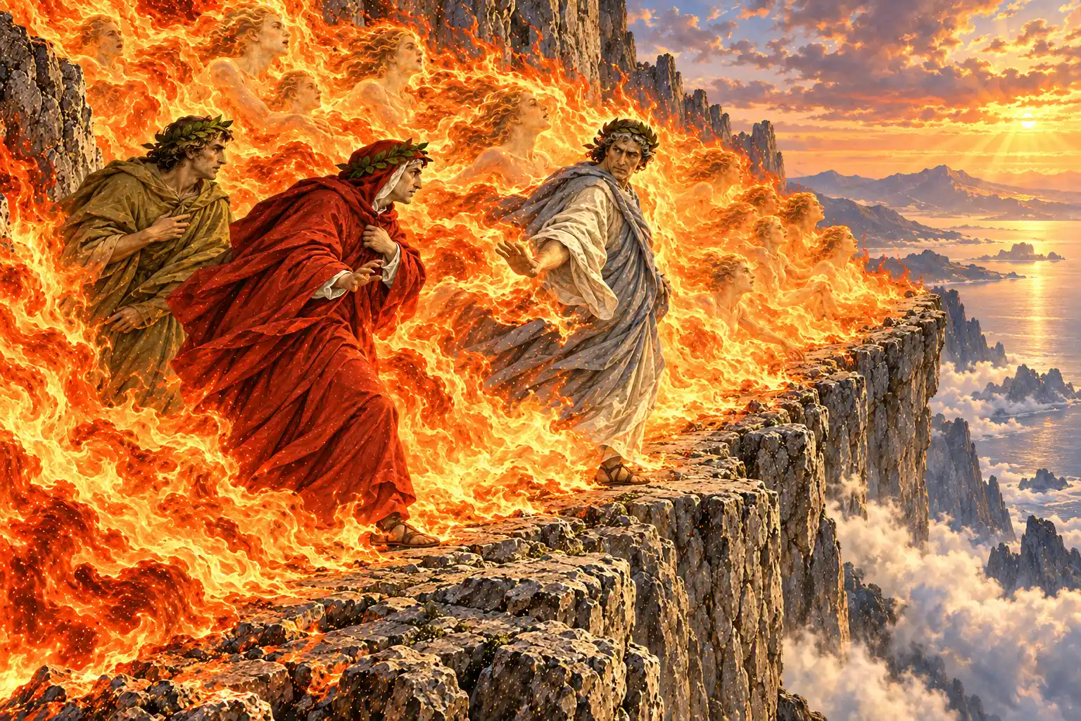 Al tramonto, su una cengia a picco sul mare, Virgilio avanza nel fuoco voltandosi con la mano tesa verso Dante, che lo segue stringendosi la veste; dietro viene Stazio. Tra le fiamme, volti di anime.