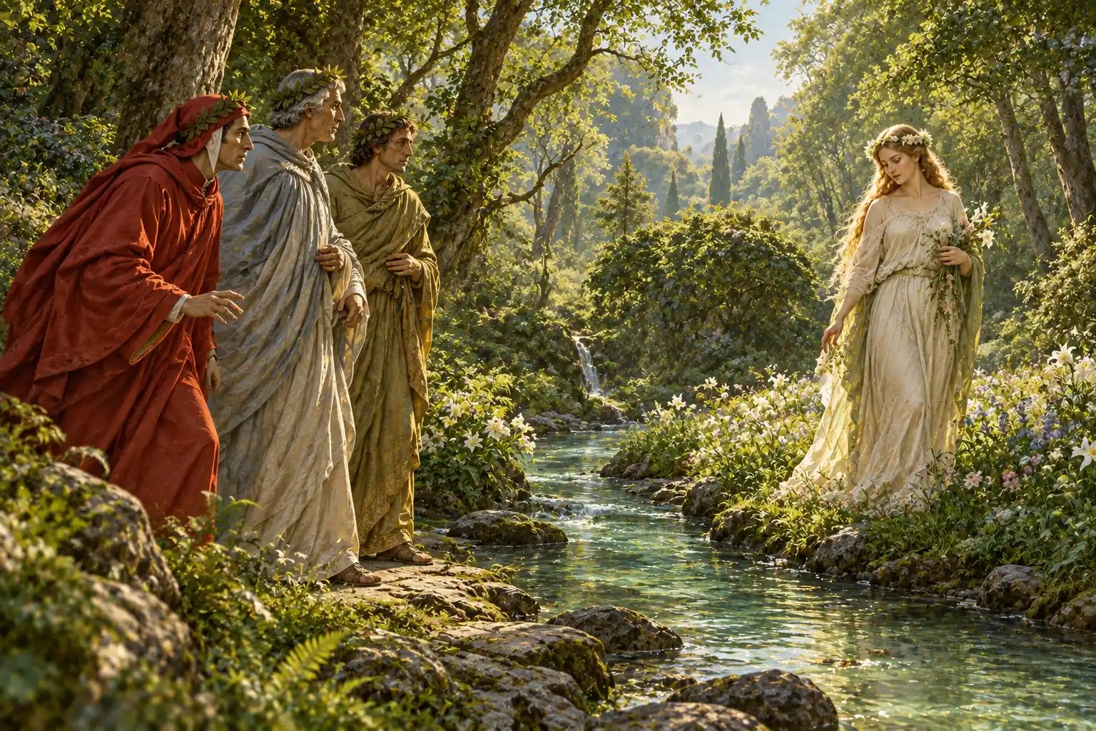In un bosco fitto e luminoso i tre poeti si fermano sulla riva di un ruscello limpido; sull'altra sponda una giovane dai lunghi capelli biondi, coronata di fiori, cammina cogliendo gigli.