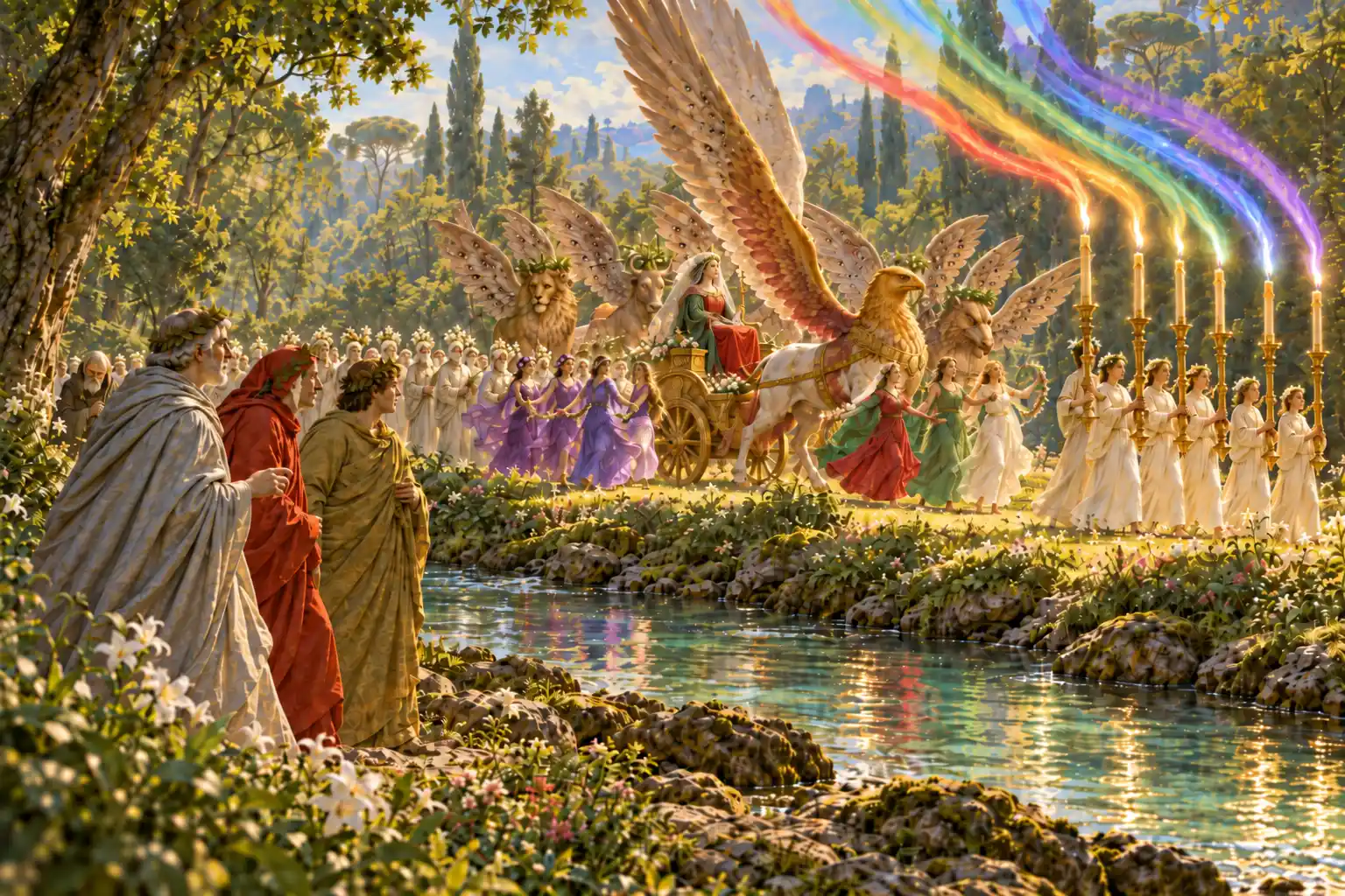 Oltre un fiume sfila un corteo: candelabri d'oro che lasciano scie color arcobaleno, donne danzanti in viola, rosso, verde e bianco, un carro tirato da un grifone, animali alati, anziani in bianco.