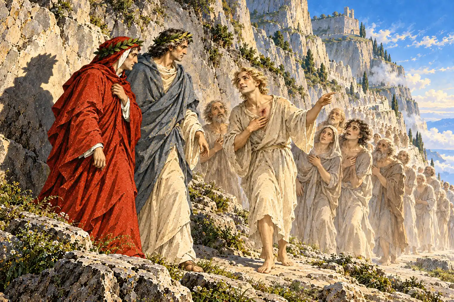 Ai piedi di una parete rocciosa un giovane biondo con una ferita sul petto indica la salita a Dante e Virgilio; dietro di lui una lunga fila di anime in vesti chiare. L'ombra di Dante cade sulla roccia.