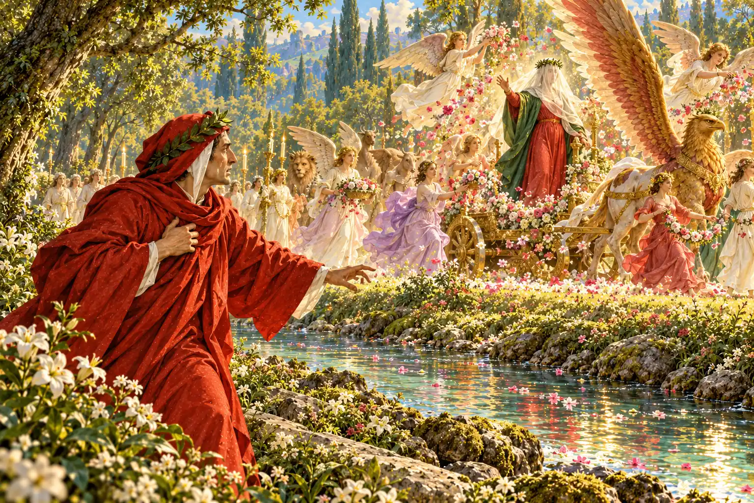 Dante, solo sulla riva, si porta la mano al petto e tende l'altra verso il carro oltre il fiume: vi sta una donna velata di bianco, con manto verde e veste rossa, tra angeli che spargono fiori.