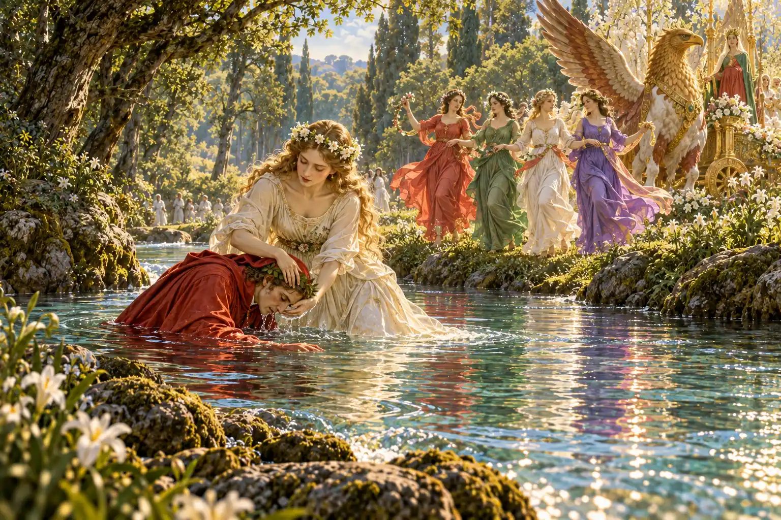 Una giovane bionda coronata di fiori, immersa nel fiume, tiene il capo di Dante e lo spinge sott'acqua; sulla riva quattro donne danzano, accanto al grifone e al carro con una donna in rosso e verde.