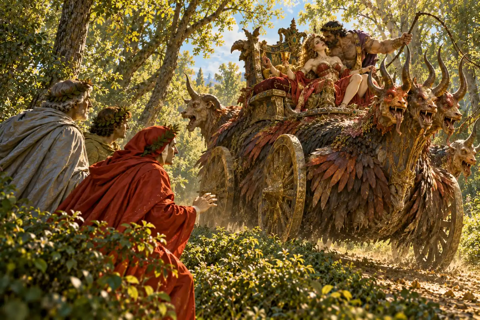 Dal folto del bosco Dante e due poeti guardano un carro coperto di piume, da cui spuntano teste mostruose con le corna; sopra siedono una donna discinta e un gigante che la bacia impugnando una frusta.