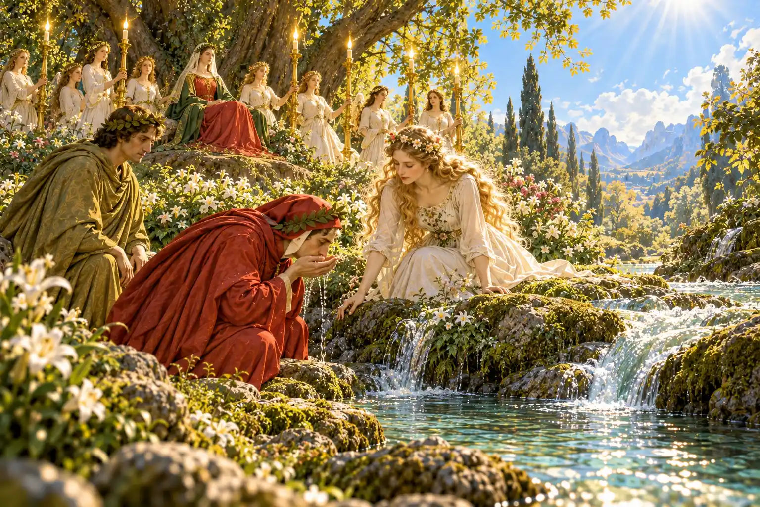 Dante, chino sulla riva, beve dalle mani a coppa presso una sorgente; una giovane bionda coronata di fiori lo assiste, Stazio è accanto. Sotto un albero una donna in rosso e verde tra sette fanciulle con candelabri.