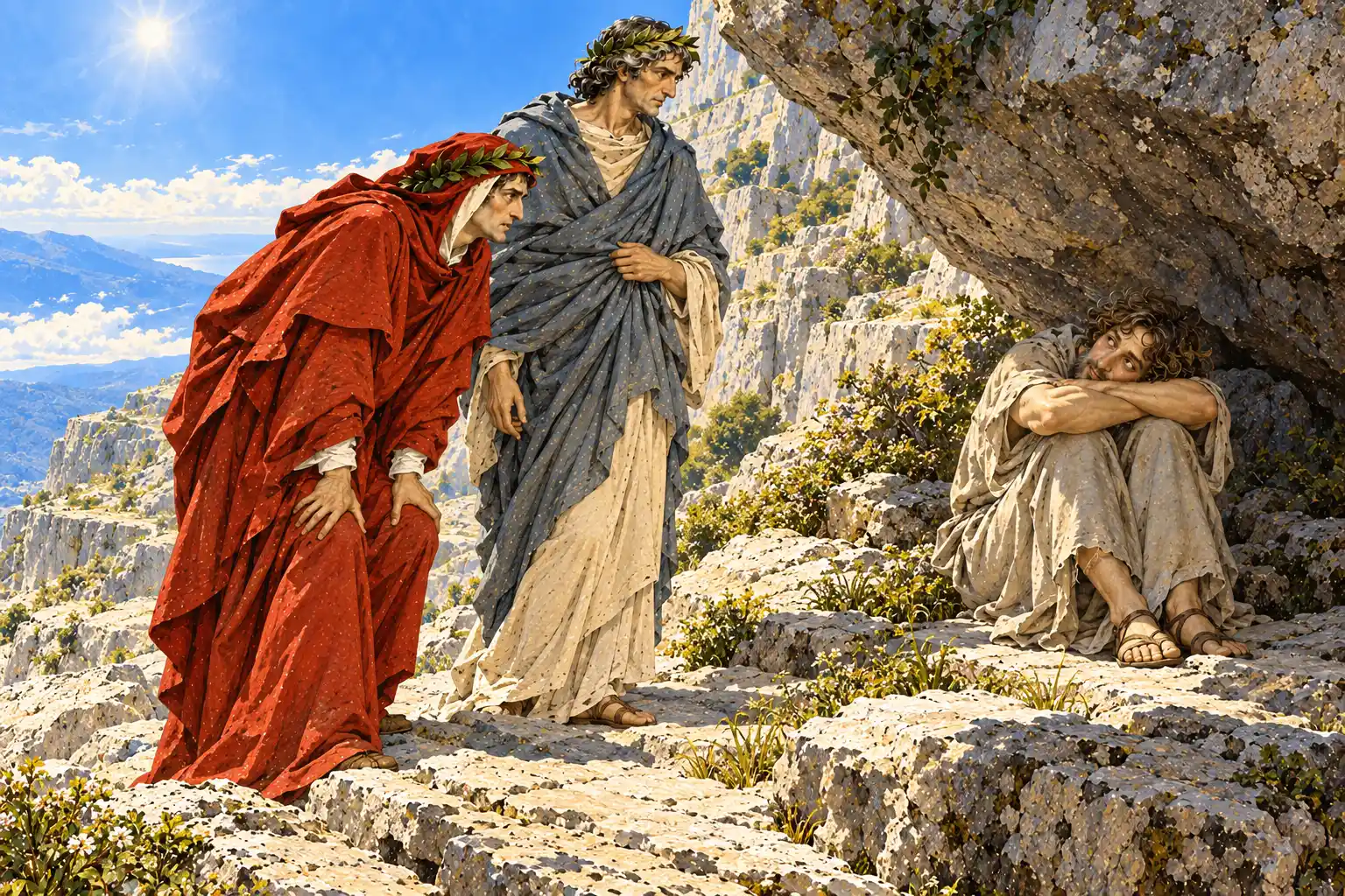 Su un ripiano di roccia assolata Dante si china, mani sulle ginocchia, verso un uomo seduto all'ombra di un masso, che abbraccia le ginocchia e vi appoggia la testa; Virgilio in piedi osserva.