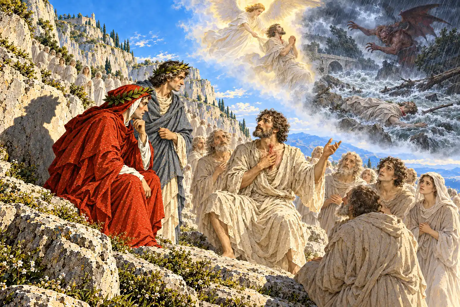 Un uomo barbuto con una ferita alla gola parla a Dante e Virgilio tra anime in ascolto; in cielo, in visione, un angelo solleva un'anima, mentre un diavolo scatena la piena che trascina un corpo.