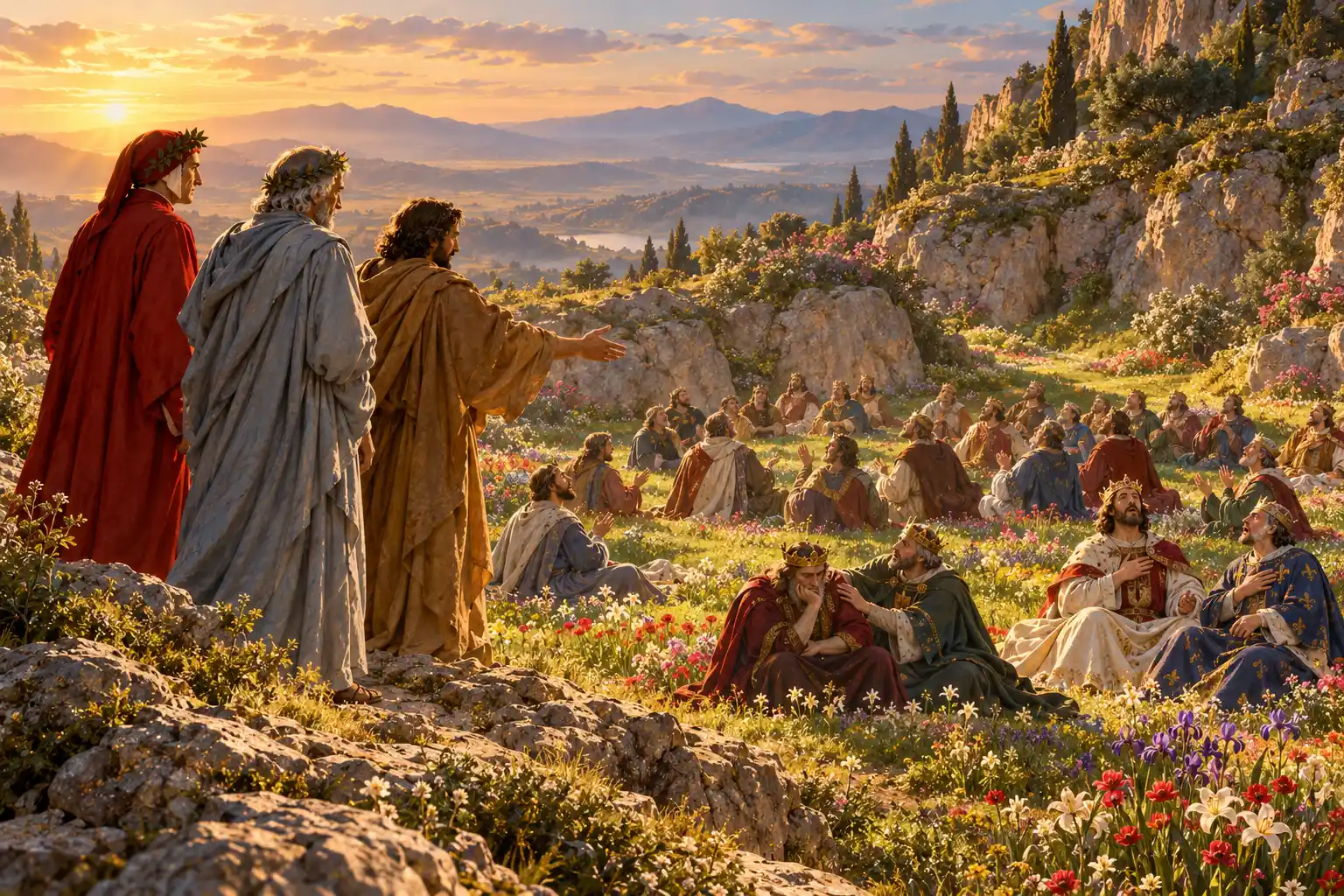 Al tramonto, dall'orlo di una conca fiorita, un uomo in veste ocra indica a Dante e Virgilio un gruppo di re coronati seduti sull'erba tra i fiori: alcuni cantano, uno appoggia la guancia alla mano.