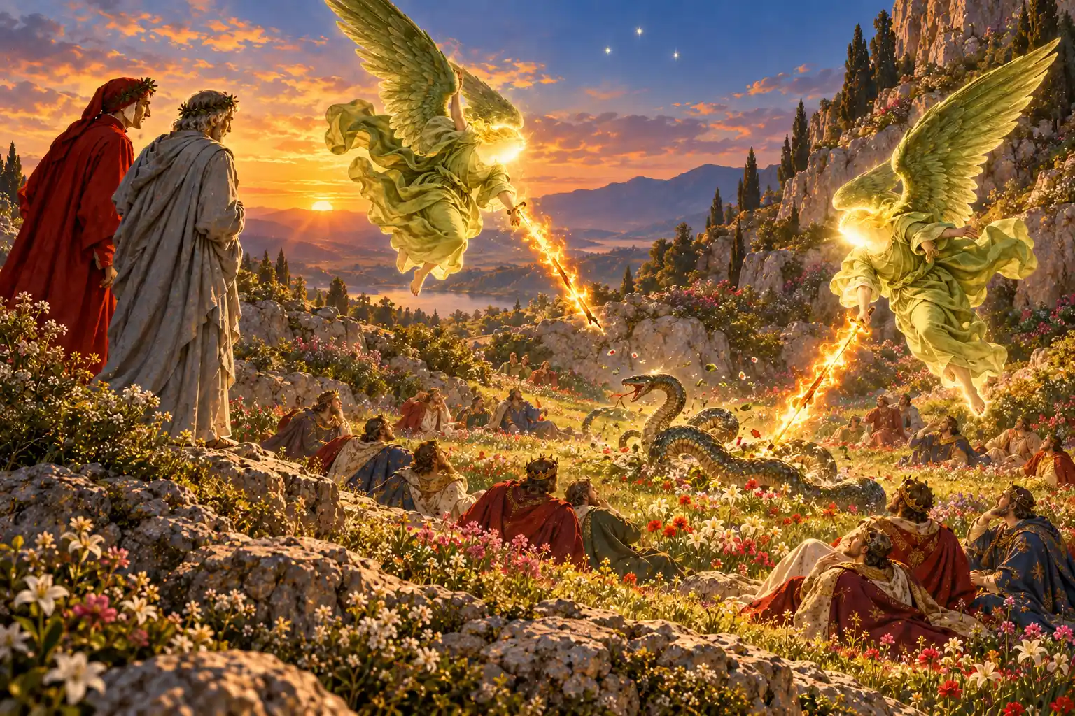 Al crepuscolo due angeli dalle vesti e ali verdi piombano con spade di fuoco su un serpente che striscia tra i fiori; i principi seduti guardano in alto, Dante e Virgilio osservano da una roccia.
