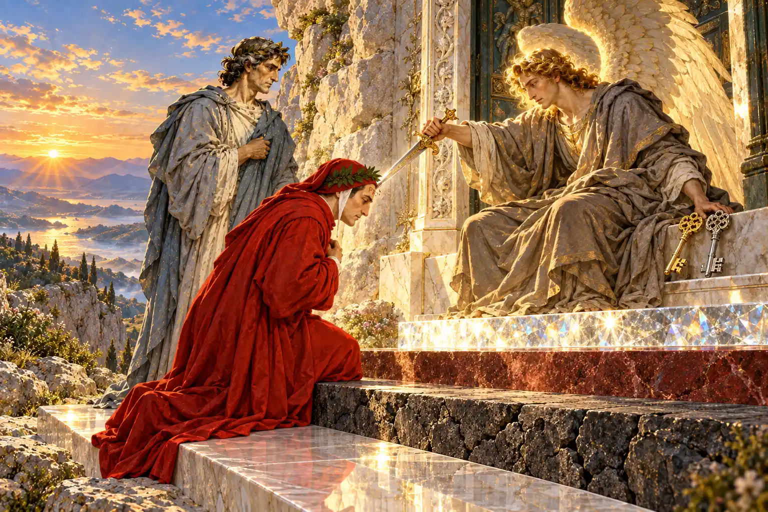 Dante è in ginocchio su tre gradini, uno bianco, uno scuro e crepato, uno rosso; un angelo in veste color cenere, seduto su una soglia lucente, gli tocca la fronte con la spada. Accanto due chiavi.
